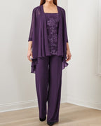 Embroidered Top Chiffon Long Pants Three Piece Suits