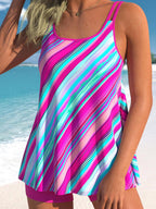 Stripe Print Double Straps Tankini Set