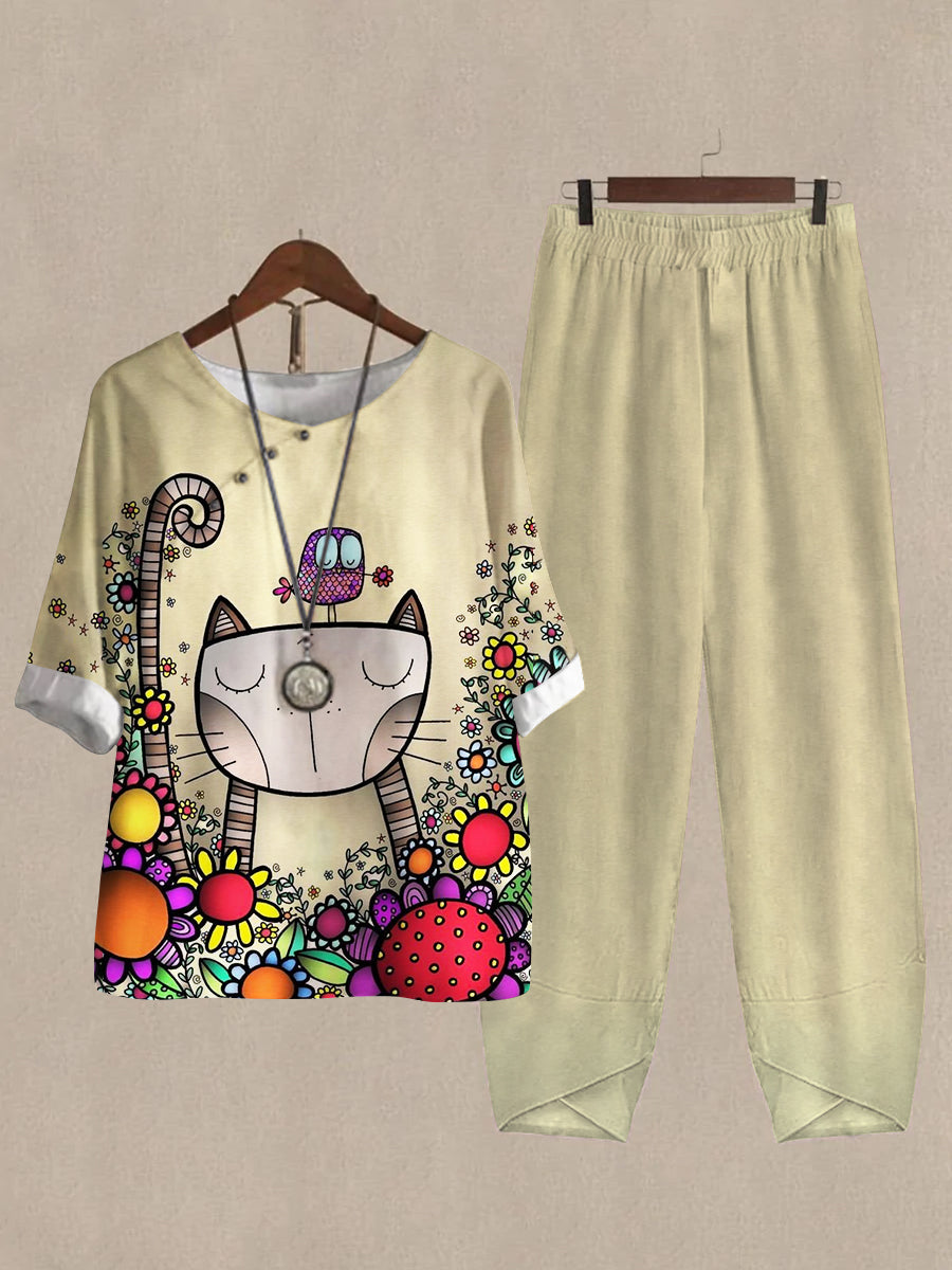 Linen Casual Women's Cat And Bird Print Two Pieces Set