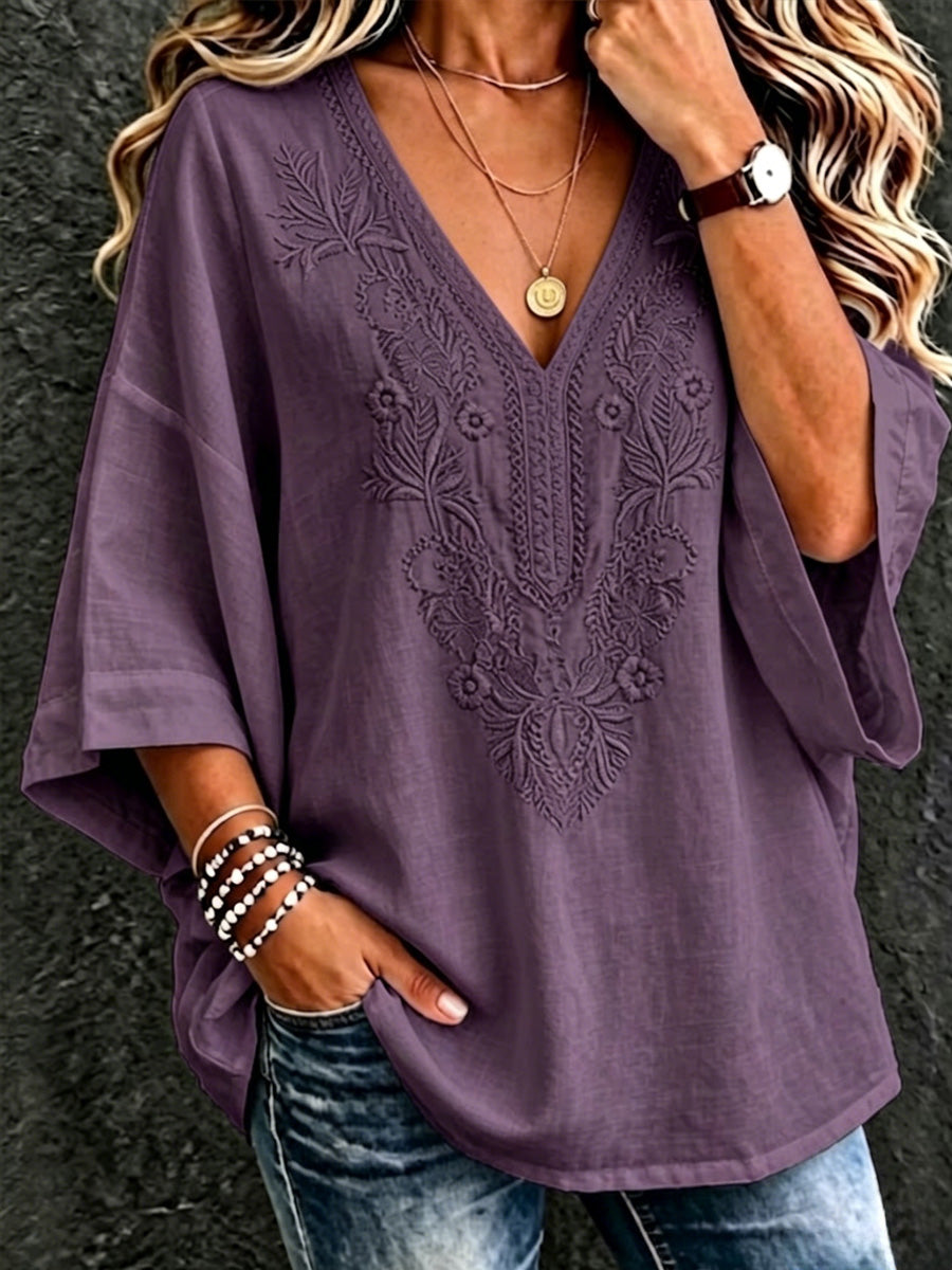 Women's Floral Art Cotton Linen V-Neck Short Sleeved Top