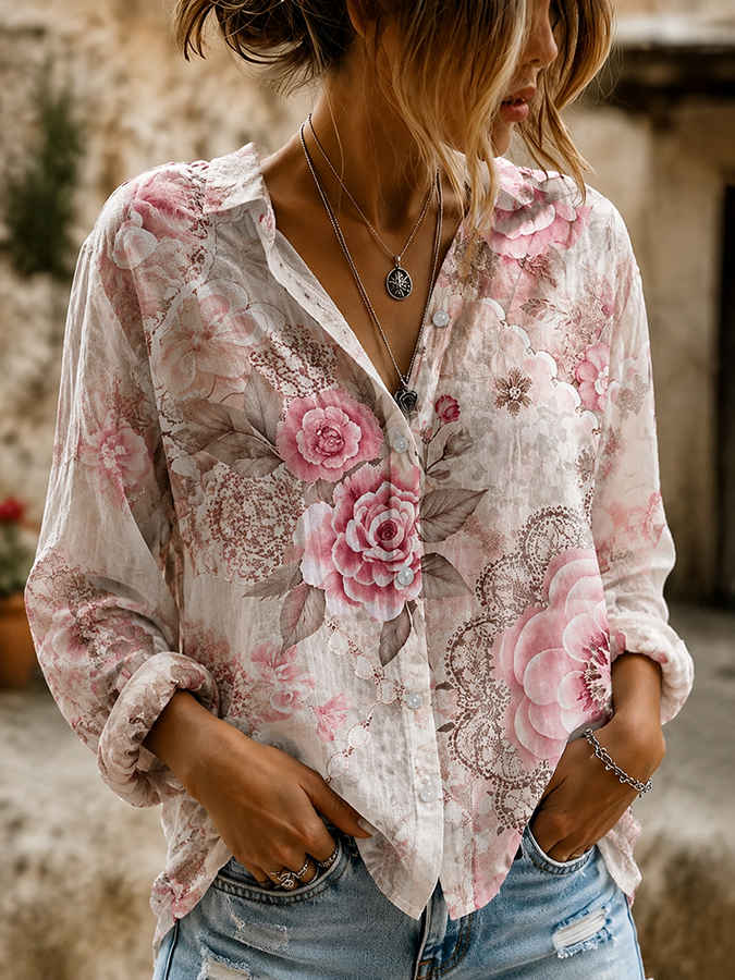 Women'S Pink Floral Printed Shirt