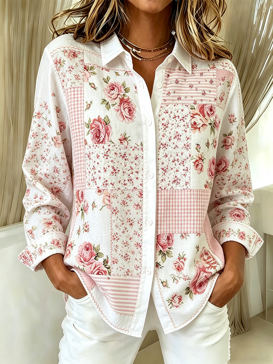 Women'S Loose Printed Collar Long Sleeved Shirt