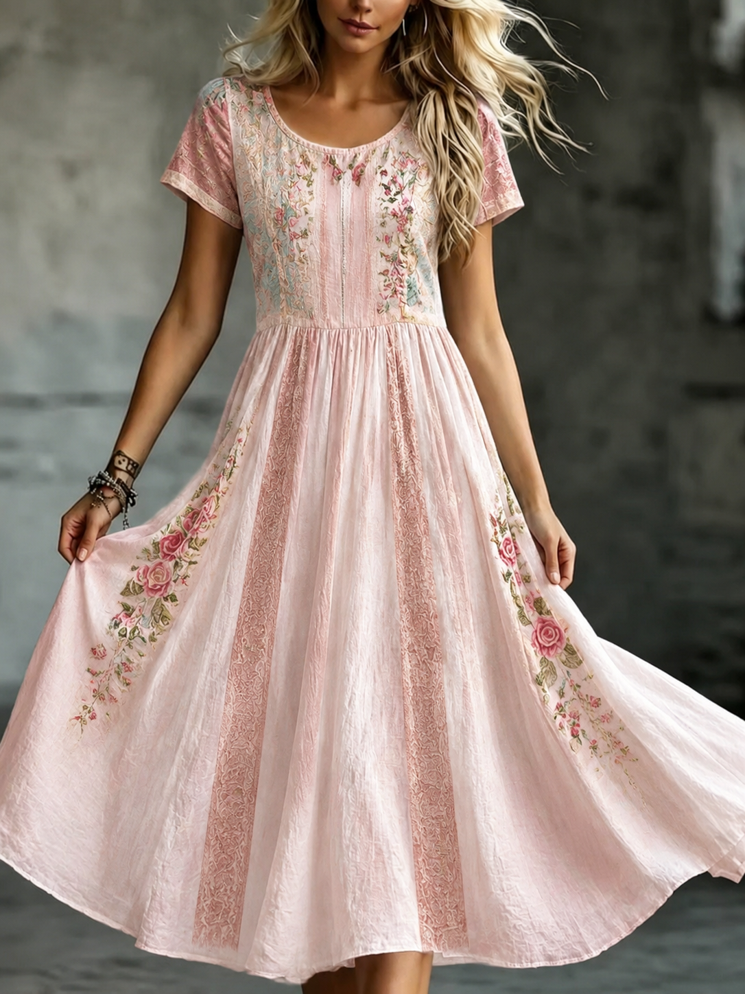 Women's Vintage Rose Color Block Pattern Casual Dress