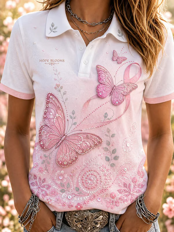 Women'S Breast Cancer Awareness Printed Polo Shirt