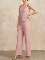 Pink Chiffon Lace Mother Bride Dress Three Piece Set