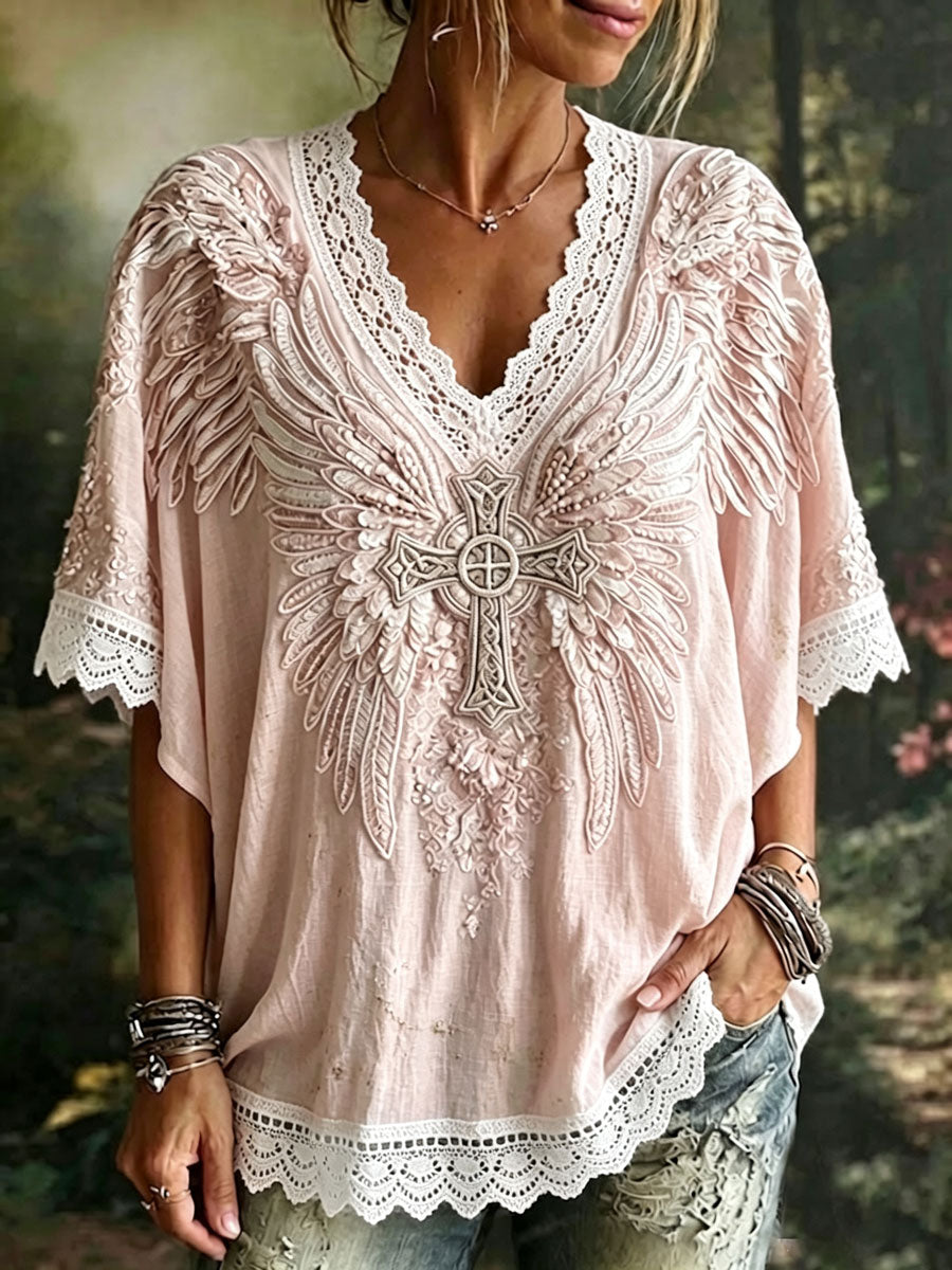 Women's Elegant Wings, Cross, Floral Cotton Linen Top