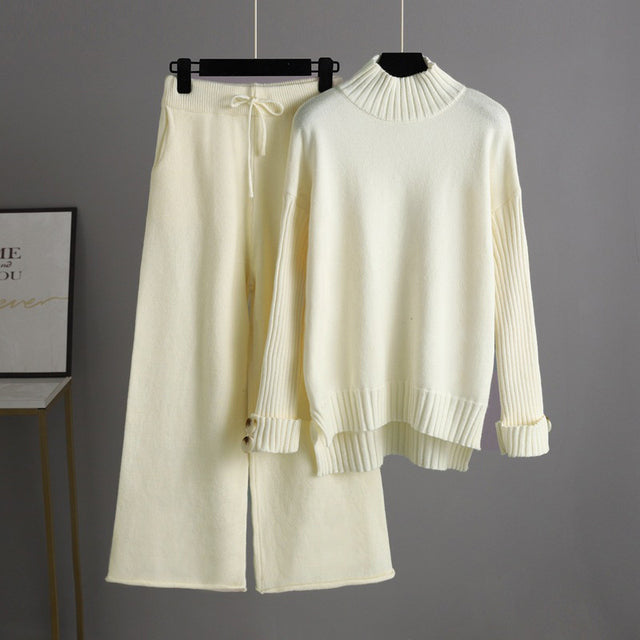 Knitted Women Casual Wide Leg Pants Two Piece Set Loose Button Design Pullover And Drawstring Trouser Ladies Suit Winter Fashion