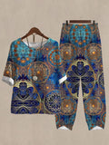 Women's Printed Half Sleeve Top And Casual Pants Linen Two Pieces