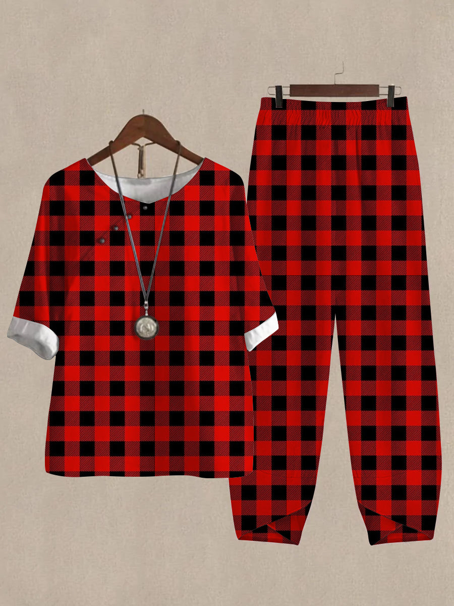 Linen Casual Women's Plaid Print Two Pieces Set