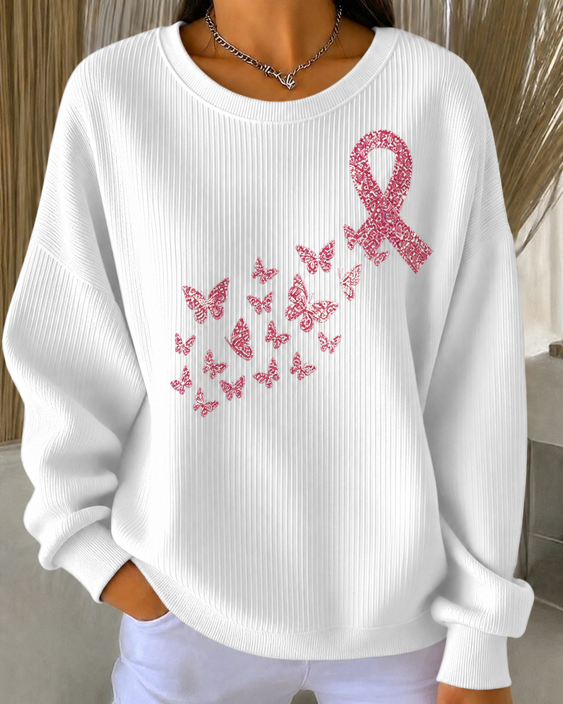 Women'S Breast Cancer Promotional Print Casual Waffle Sweatshirt