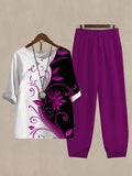 Women's Printed Round Neck Half Sleeve Top And Wide Leg Pants Linen Two Pieces