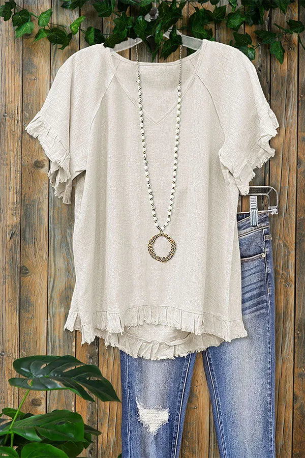 Cotton Blend Ruffled Frayed V-neck T-shirt