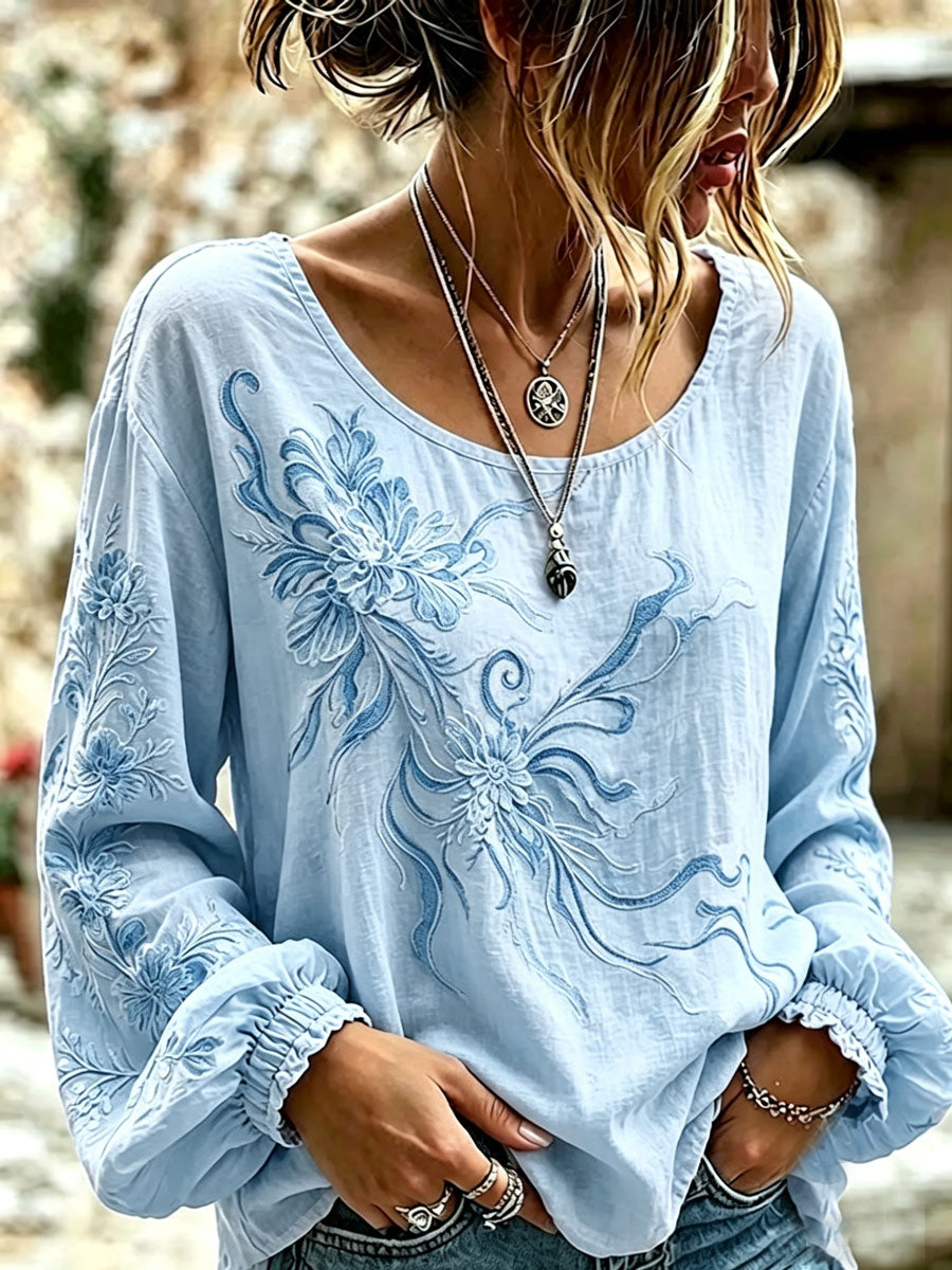 Women'S Casual Floral Cotton Linen Long Sleeved Shirt