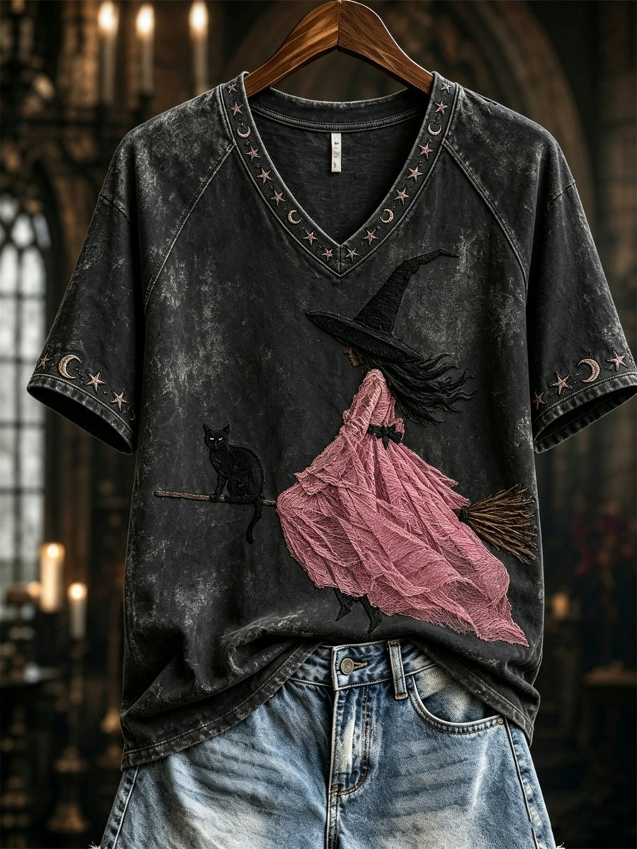 Women's Pink Witch-Themed Print Casual T-Shirt