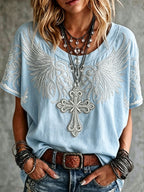 Women's Vintage Cotton-Linen Top with Wing and Cross Motif