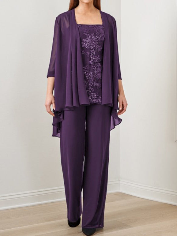 Embroidered Top Chiffon Long Pants Three Piece Suits