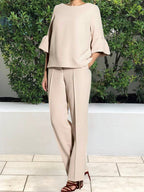 Solid Color Flare Sleeve Women Two-piece Set