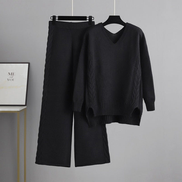 Knitted Women Casual Wide Leg Pants Two Piece Set Loose Button Design Pullover And Drawstring Trouser Ladies Suit Winter Fashion