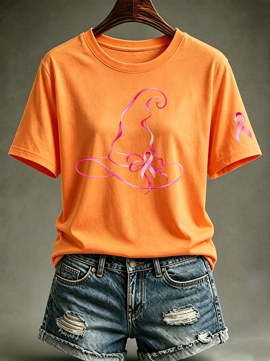 Women's Pink Witch Hat Printed Casual T-Shirt