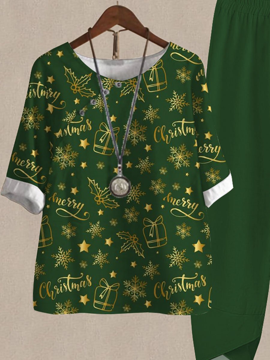 Christmas Bronzing Print Casual Two Piece Set