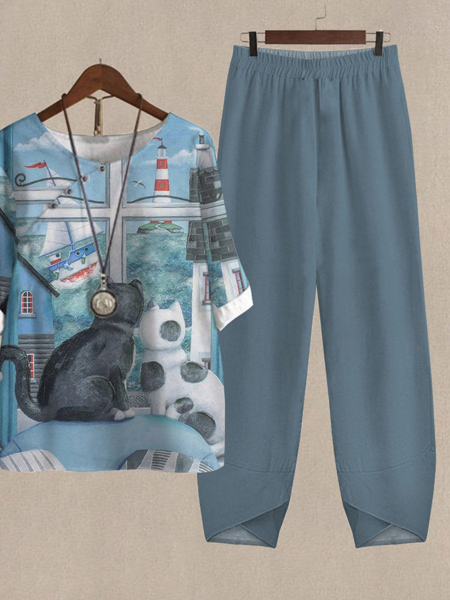Fun Cat Print Loose Casual Two-Piece Suits