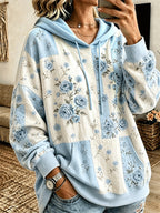 Women's Vintage Rose Floral Patchwork Drawstring Pocket Hoodie