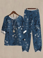 Botanical Floral Print Top And Pants Two-piece Suits
