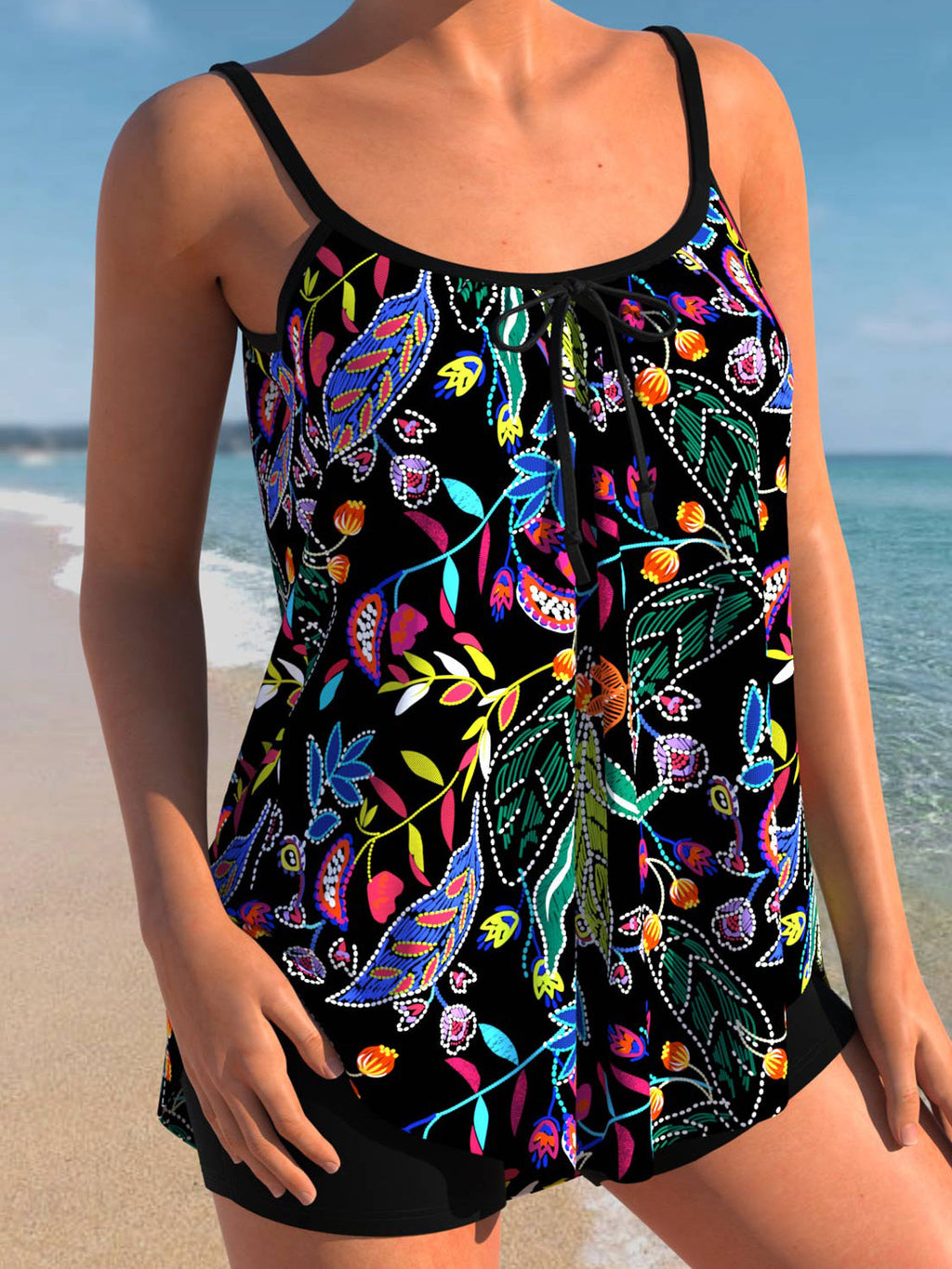 Spaghetti Strap Floral Print Tankini Set