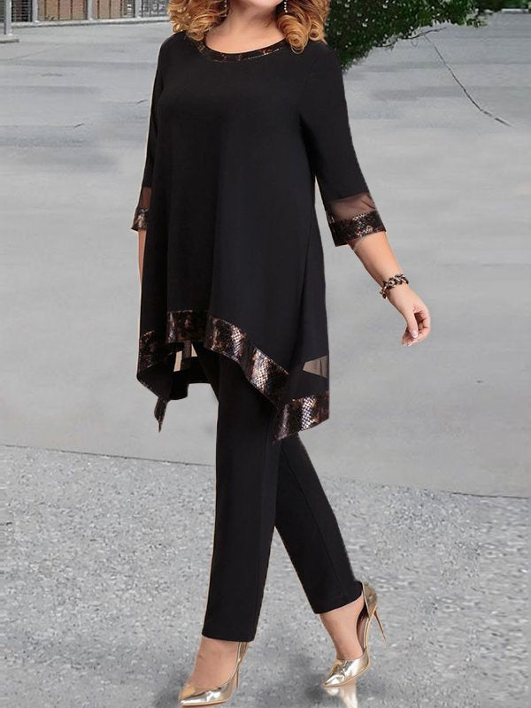 Round Neck Mesh Stitching Top And Trousers Suit