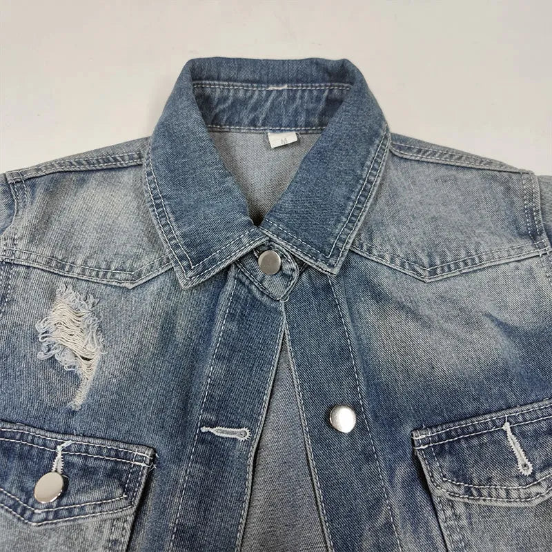 Ripped Holes Frayed Hem Denim Jacket