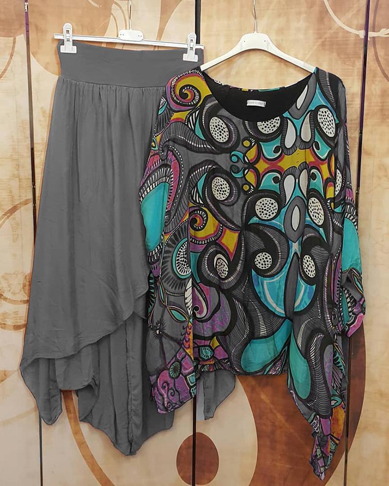 Loose Floral Print Irregular Hem Two Piece Suit