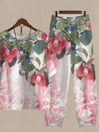 Crew Neck Watercolor Floral Print Top And Pants Two-piece Suits