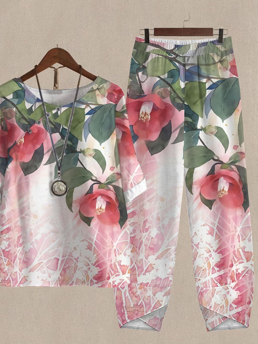 Crew Neck Watercolor Floral Print Top And Pants Two-piece Suits