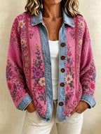 Women's Retro Flower Print Knit Top