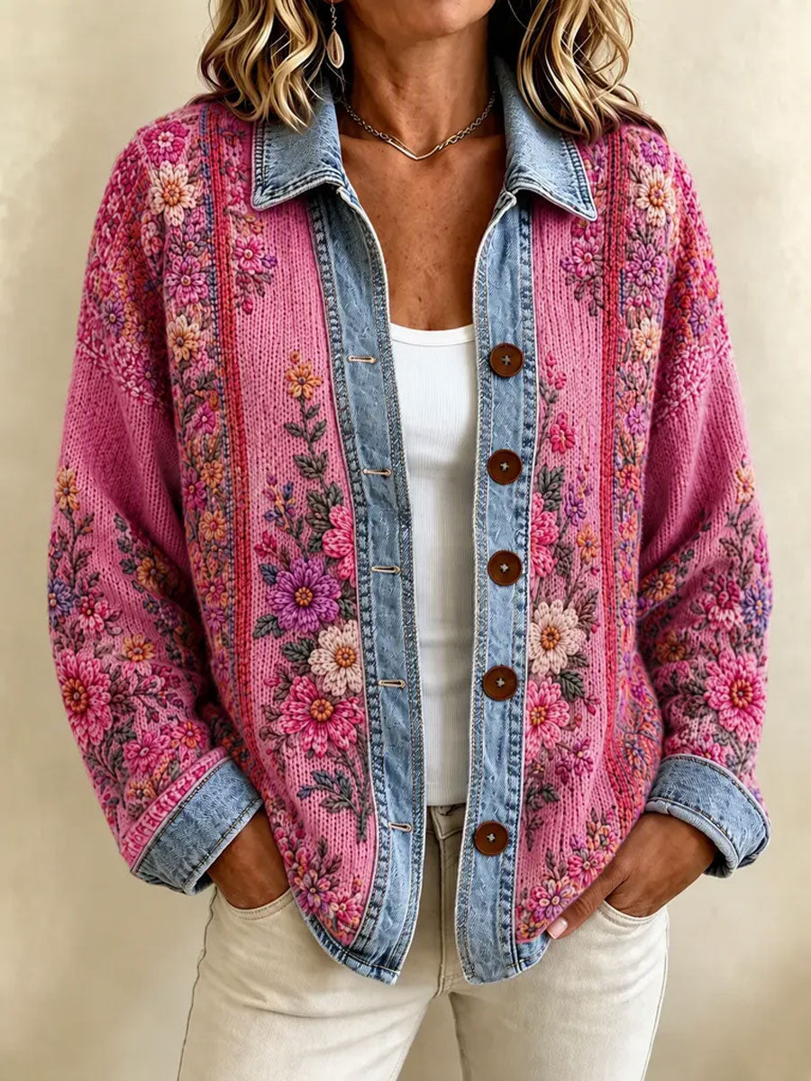Women's Retro Flower Print Knit Top