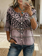 Women's Retro-Textured Ethnic Floral Art Print Casual Cutout Top