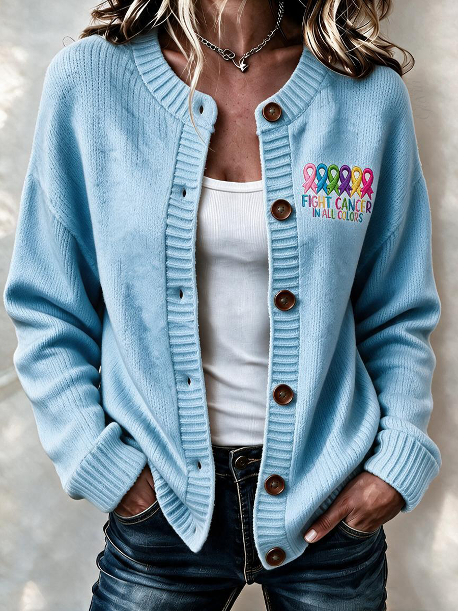 Women'S Casual Cancer Promotion Month Multi Color Knitted Cardigan Top