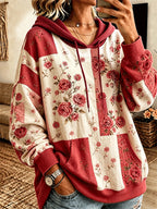 Women's Vintage Rose Floral Patchwork Drawstring Pocket Hoodie