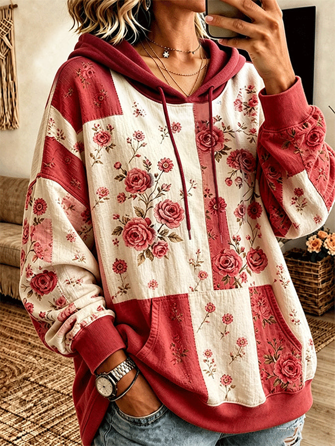 Women's Vintage Rose Floral Patchwork Drawstring Pocket Hoodie