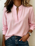 Women's Checkered Print V-Neck Long-Sleeve Shirt