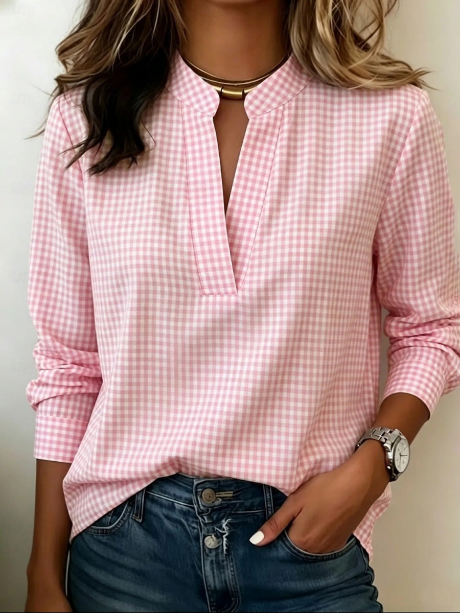 Women's Checkered Print V-Neck Long-Sleeve Shirt