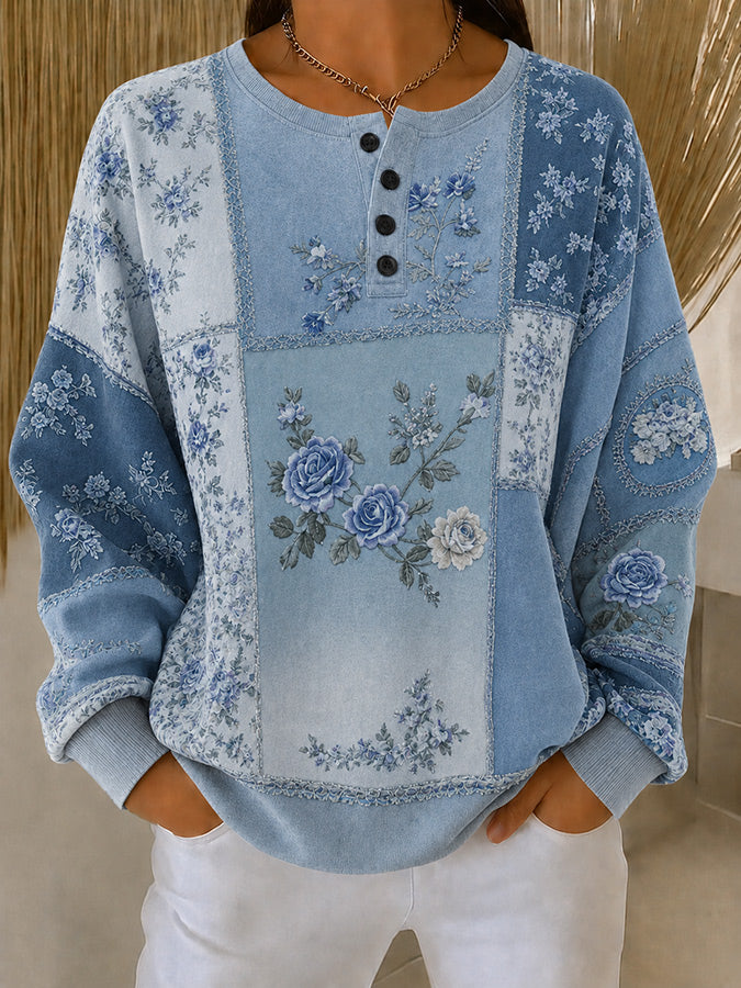 Women'S Floral Henry Collar Casual Long Sleeved Sportswear