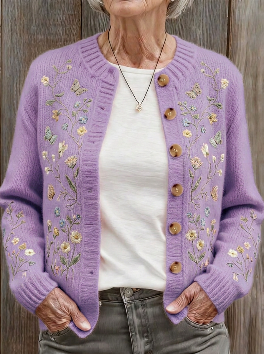 Women's Breast Cancer Awareness Butterfly Floral Embroidered Cardigan