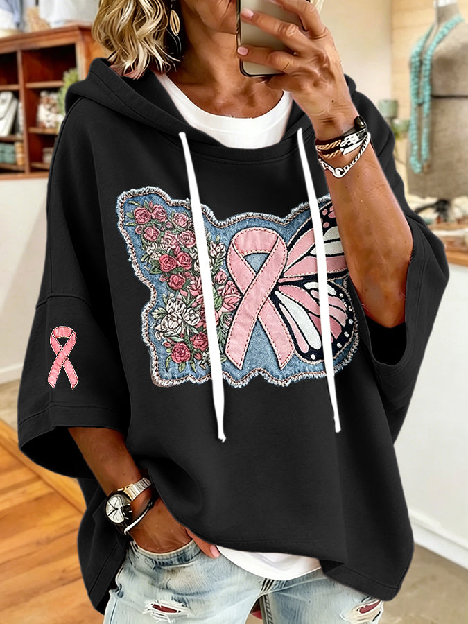 Women'S Vintage Breast Cancer Ribbon Print Hoodie