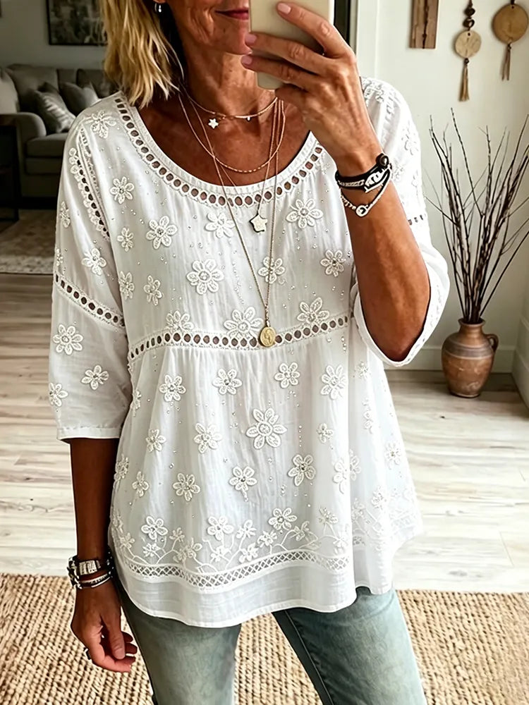 Women'S Retro Flower Art Printed Flower Linen Blended Linen Blended Quarter Sleeve Casual Top