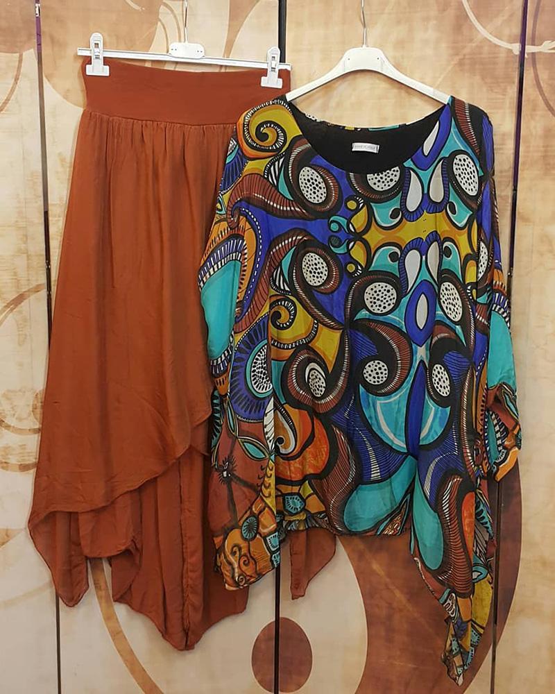 Loose Floral Print Irregular Hem Two Piece Suit