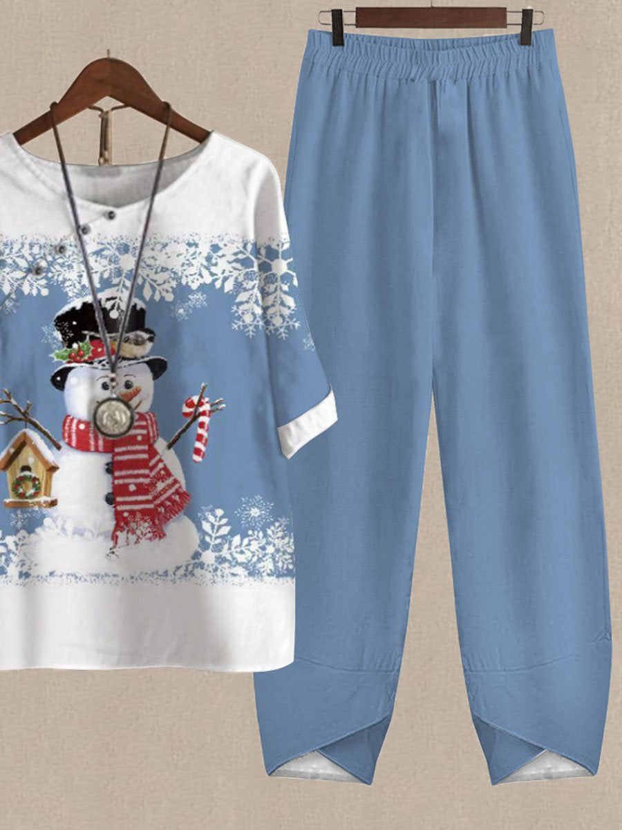 Christmas Cartoon Snowman Print Casual Two Piece Set