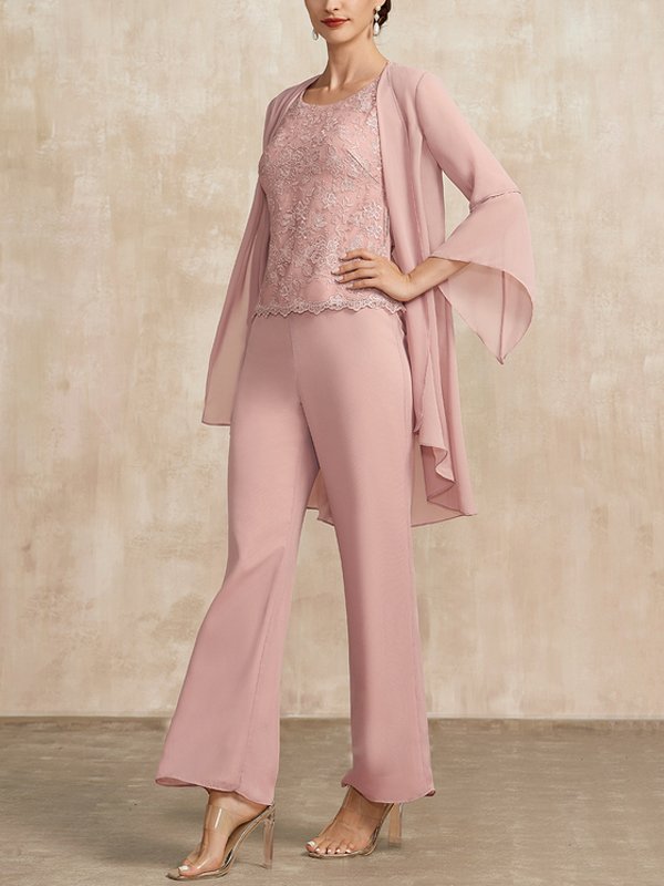 Pink Chiffon Lace Mother Bride Dress Three Piece Set