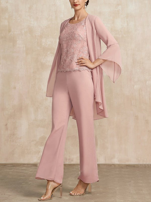 Pink Chiffon Lace Mother Bride Dress Three Piece Set