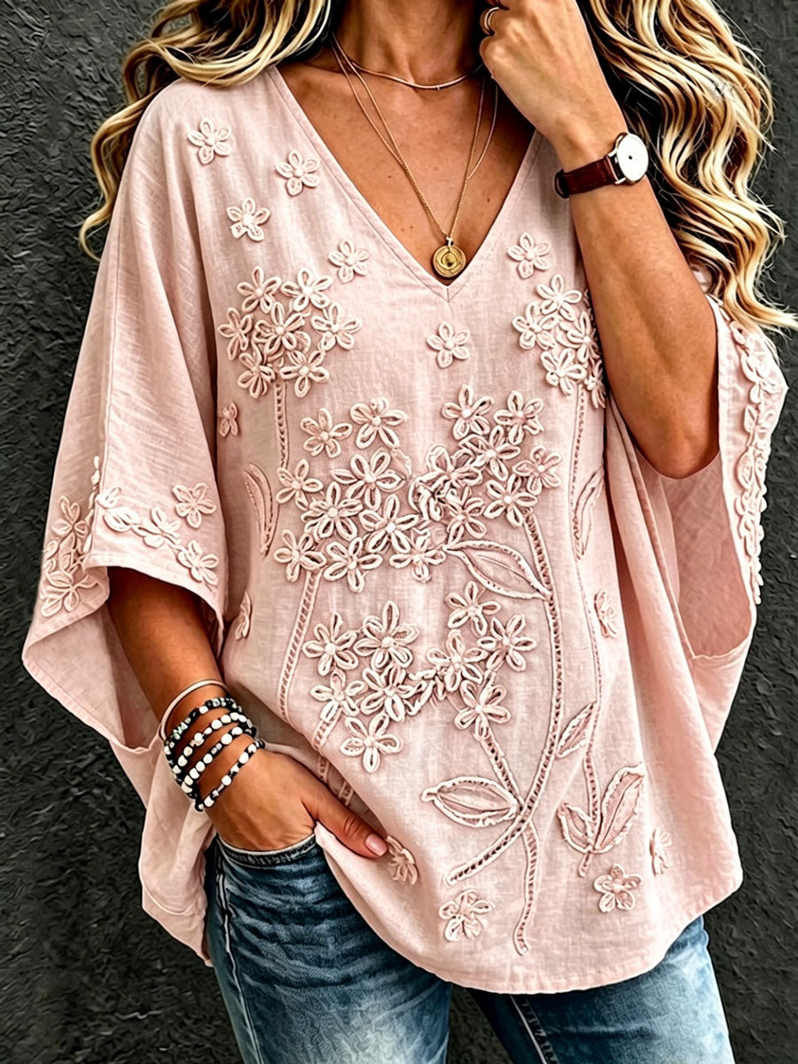 Women'S Cotton And Linen Floral Casual Vacation Top